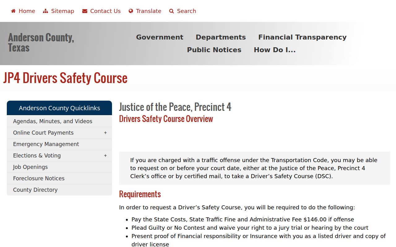 Anderson County traffic court driver safety request rules
