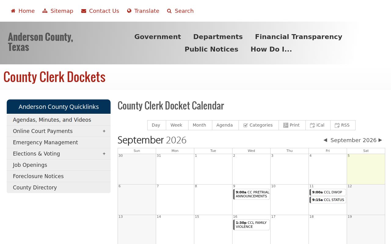 Anderson County court docket calendar controls and export options