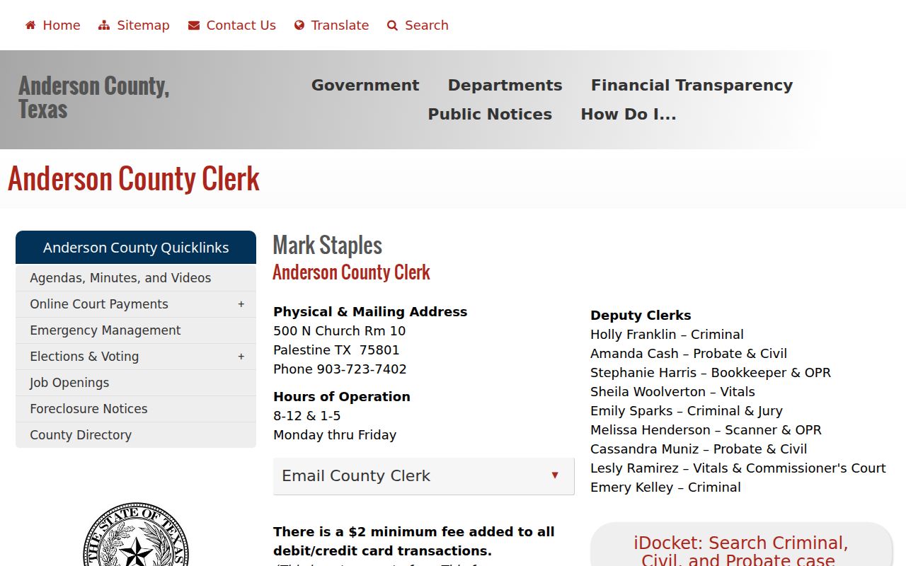 Anderson County court docket County Clerk office and records links